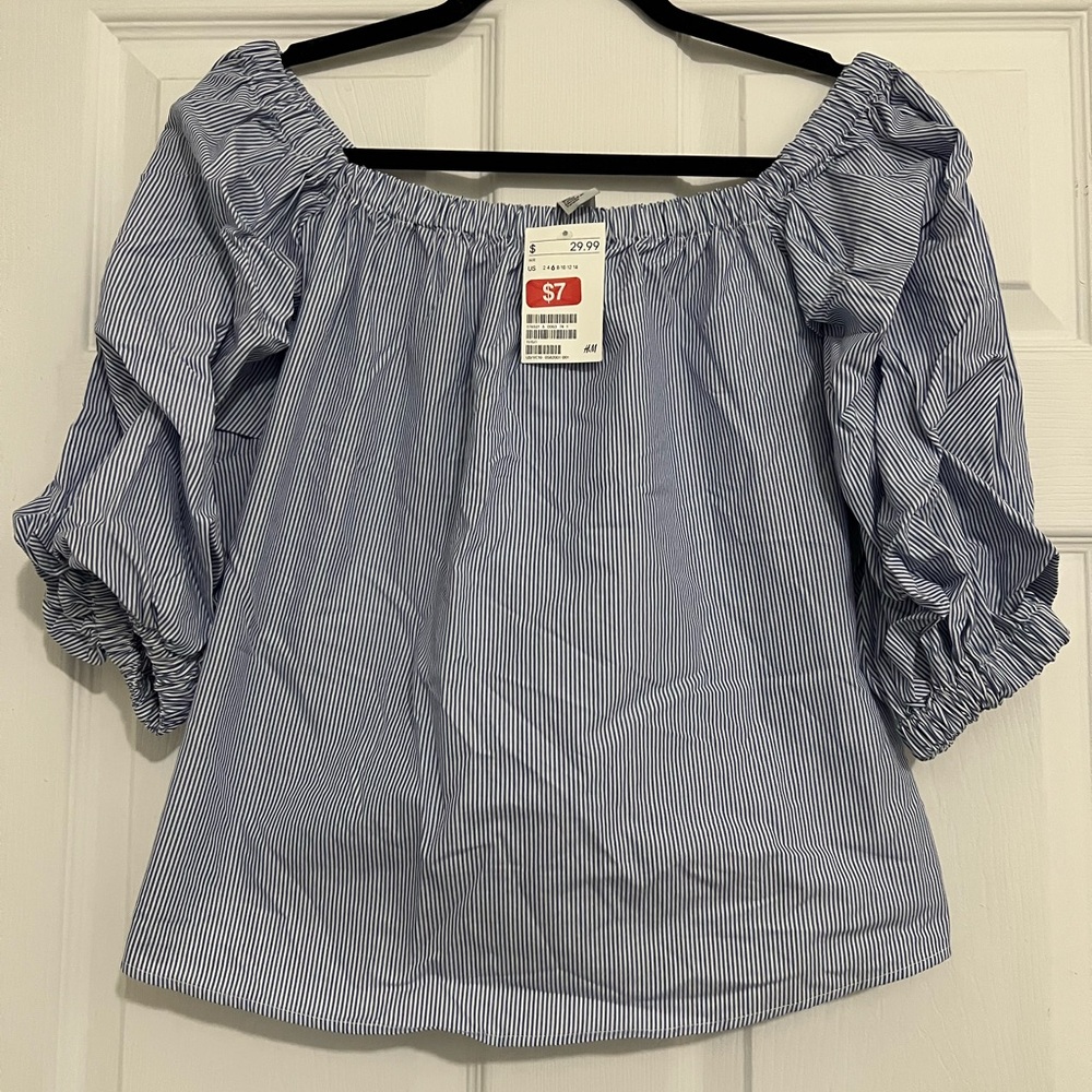 New! Blue Striped Off-Shoulder Top